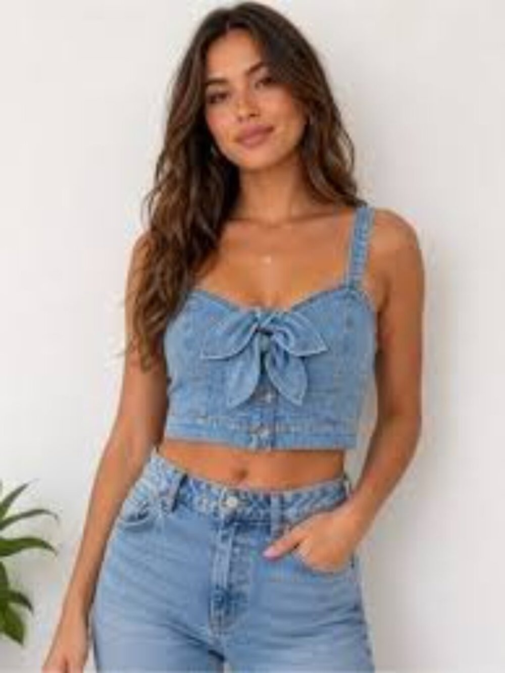 7 For All Mankind Light Wash Denim Tie-Front Crop Top Blouse Size Medium